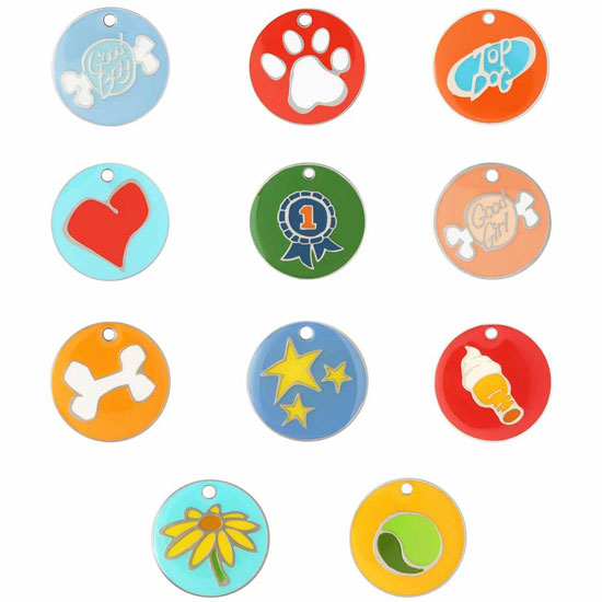 dog tags with colorful designs