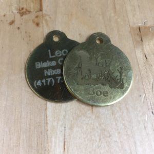 Brass dog ID tags that have become faded and dull